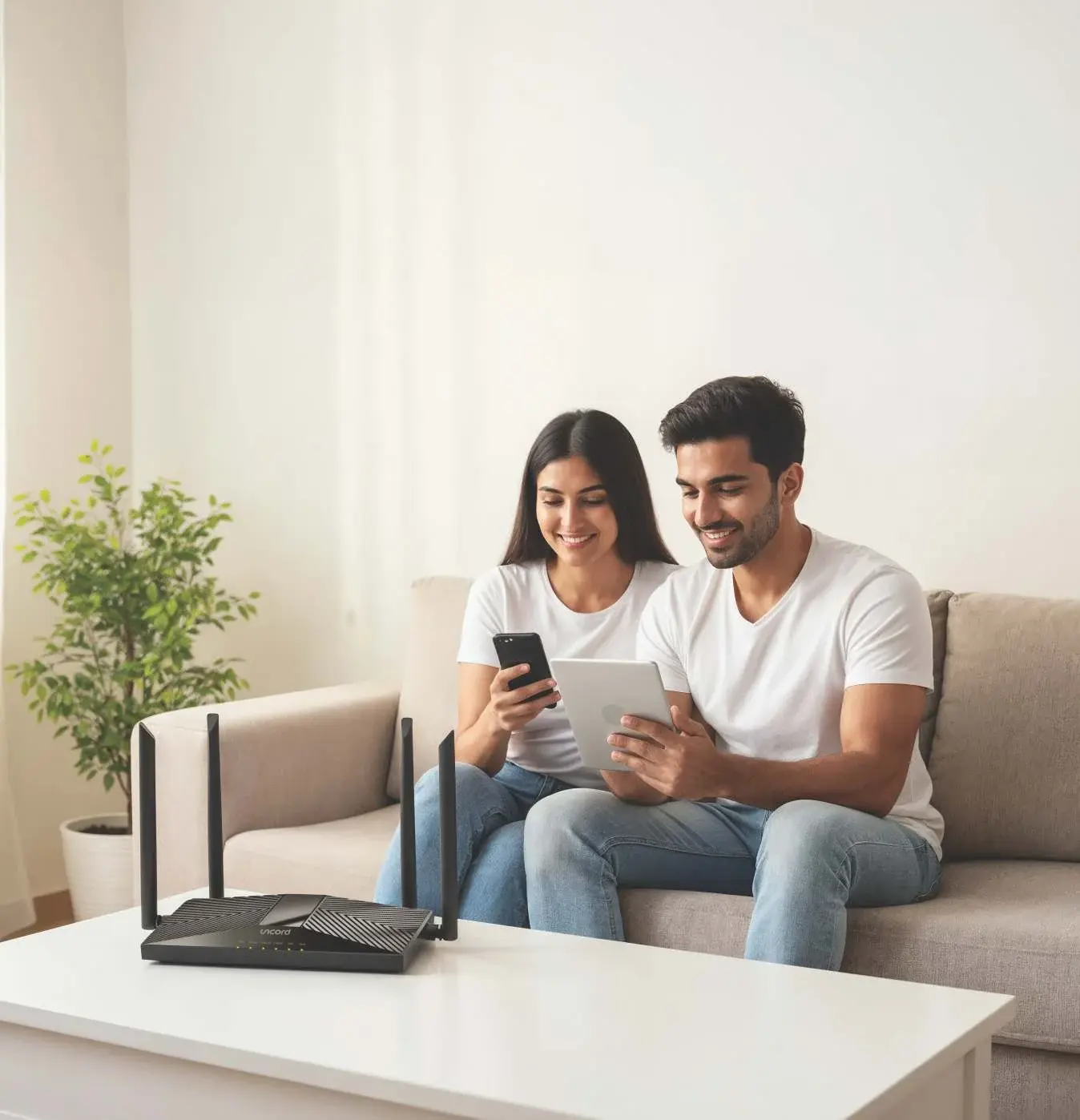 A couple using their devices at home on Uncord Wi-Fi